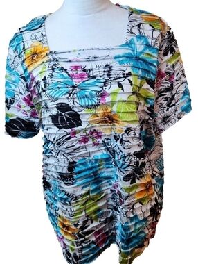 Alfred Dunner White Floral Ruched Square-Neck Top